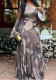 Women Autumn Printed Slash Shoulder Pleated Maxi Dress