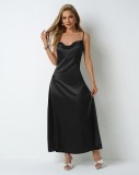 Women Pleated Sleeveless Satin Dress