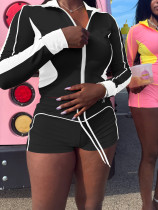 Women Summer Contrast Color Patchwork Long Sleeve Top and Shorts Sports Two-piece Set