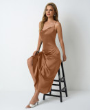 Women Pleated Sleeveless Satin Dress