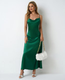 Women Pleated Sleeveless Satin Dress
