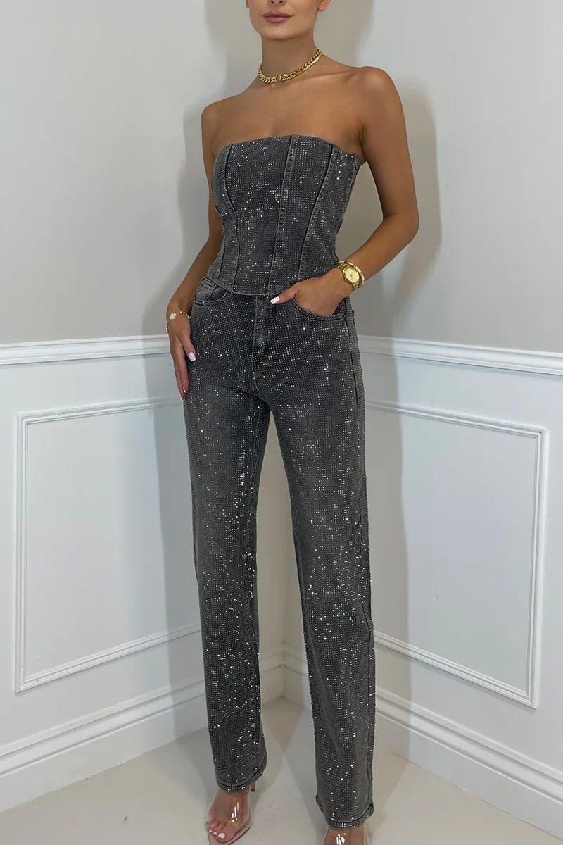 Women's Sexy Strapless Glitter Top & Beaded Pants Two-Piece Set
