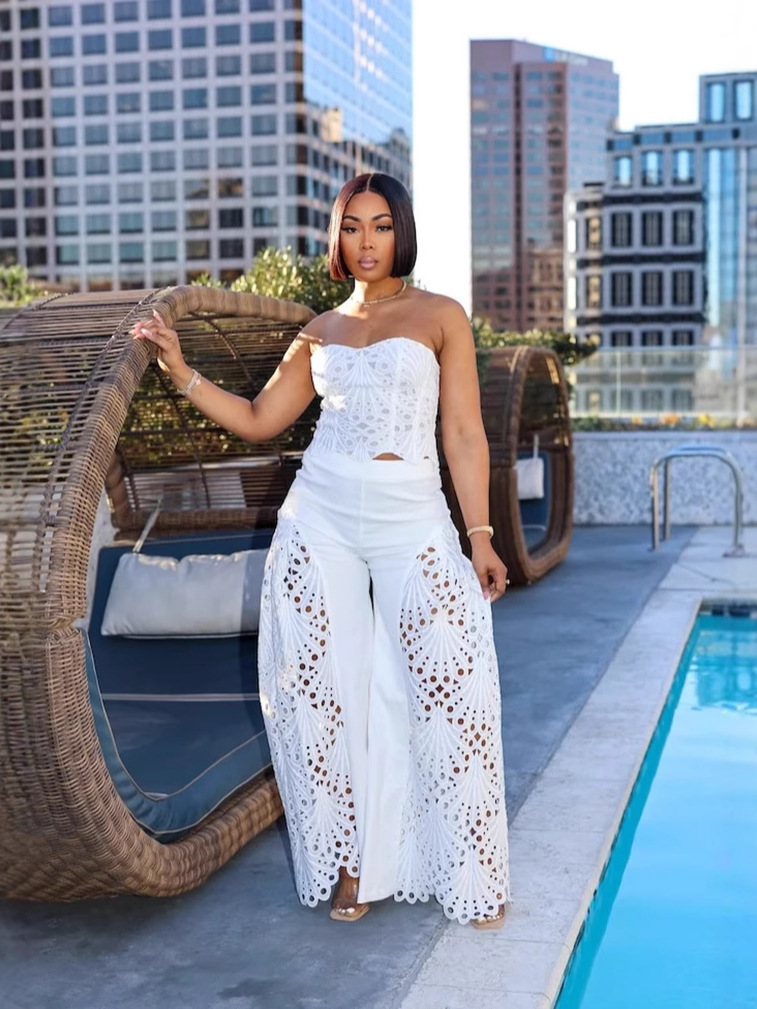 Women Lace Strapless Top and Pant Two-piece Set