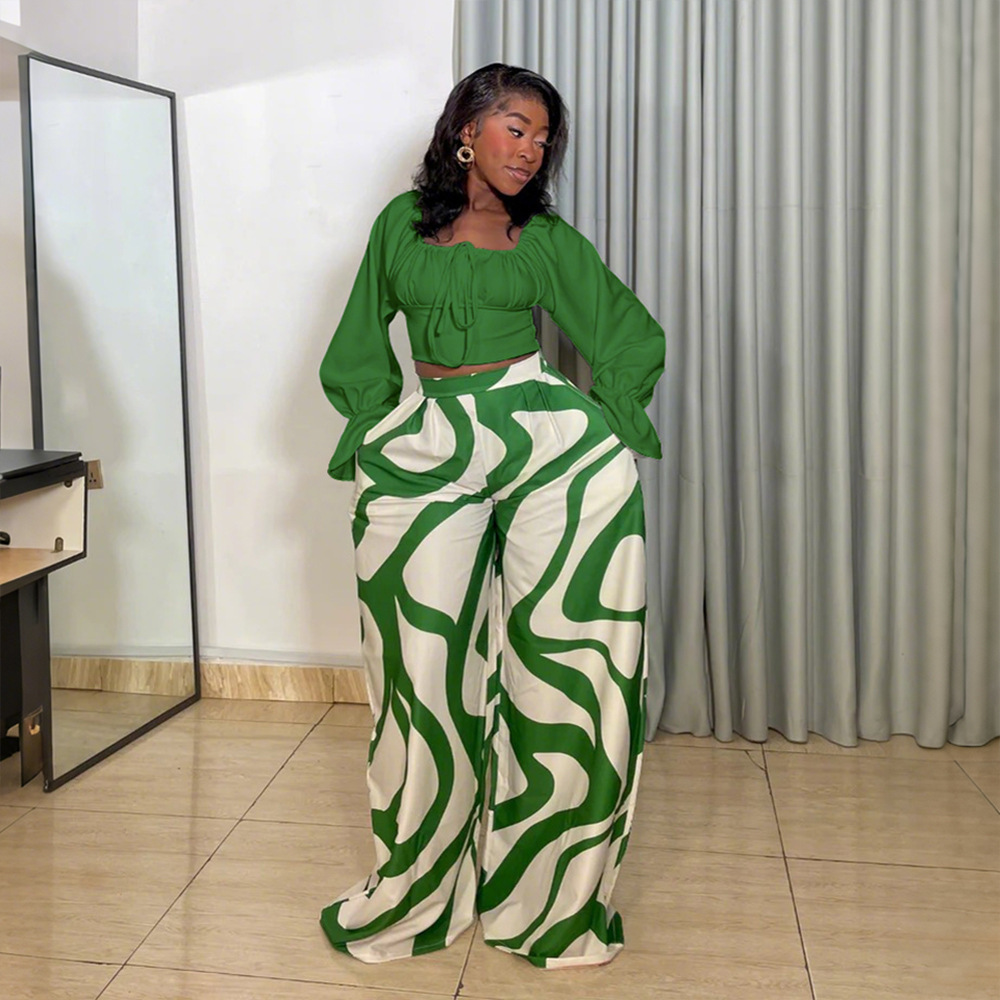 Long Sleeve Top with Loose Printed Wide-Leg Pants Casual & Comfortable Two-Piece Set