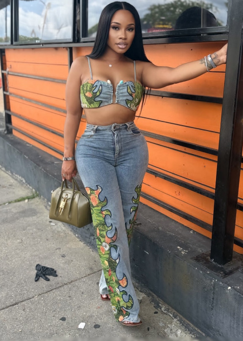 Women Sexy Floral Stretch Wrap Top and Denim Pants Two-Piece Set