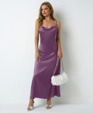 Women Pleated Sleeveless Satin Dress