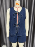 Women summer sleeveless lace top and denim shorts two-piece suit