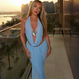 Women summer solid mesh see-through backless halter neck top and skirt