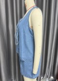 Women summer sleeveless lace top and denim shorts two-piece suit