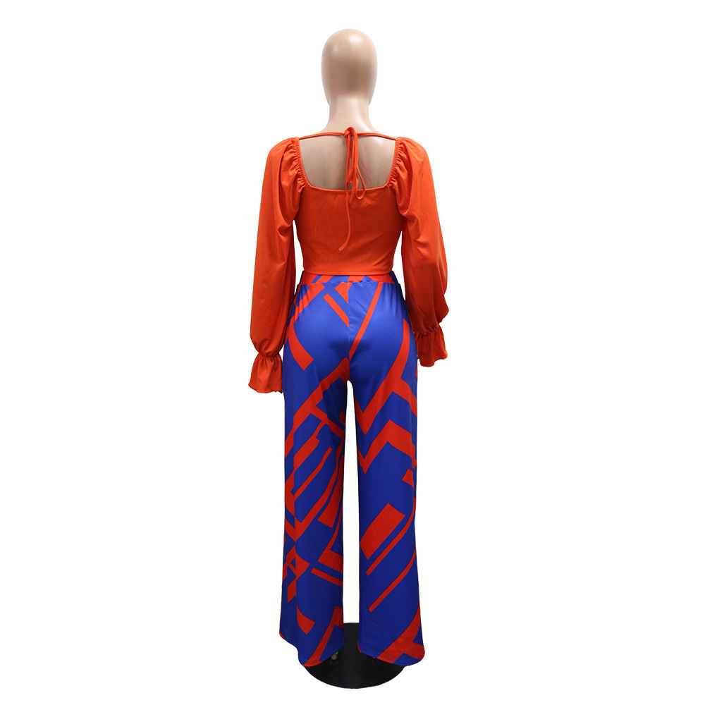 Long Sleeve Top with Loose Printed Wide-Leg Pants Casual & Comfortable Two-Piece Set