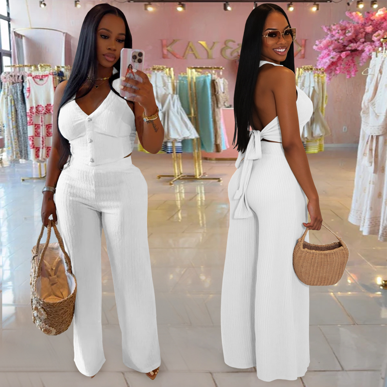 Fashion Women's Casual Halter Neck Lace-Up Top & Pants Two-Piece Set