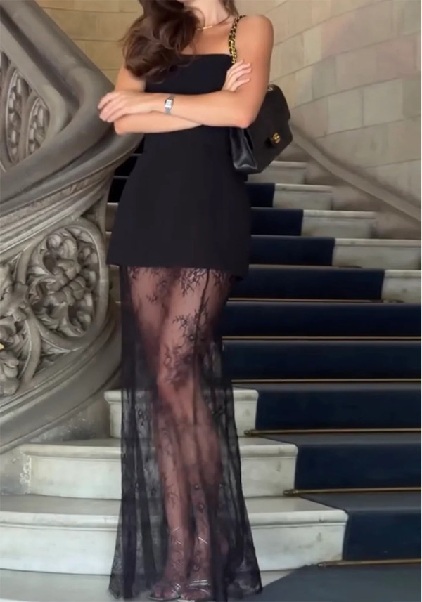 Women Strapless Top and Lace Dress Two-Piece Set