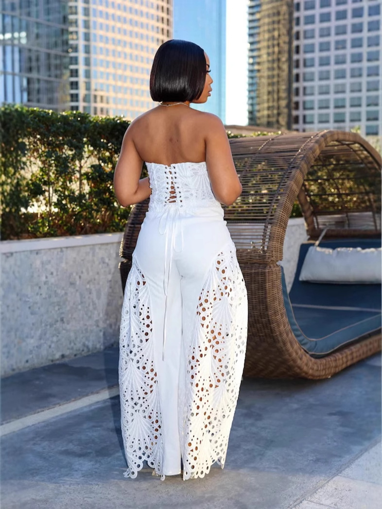 Women Lace Strapless Top and Pant Two-piece Set