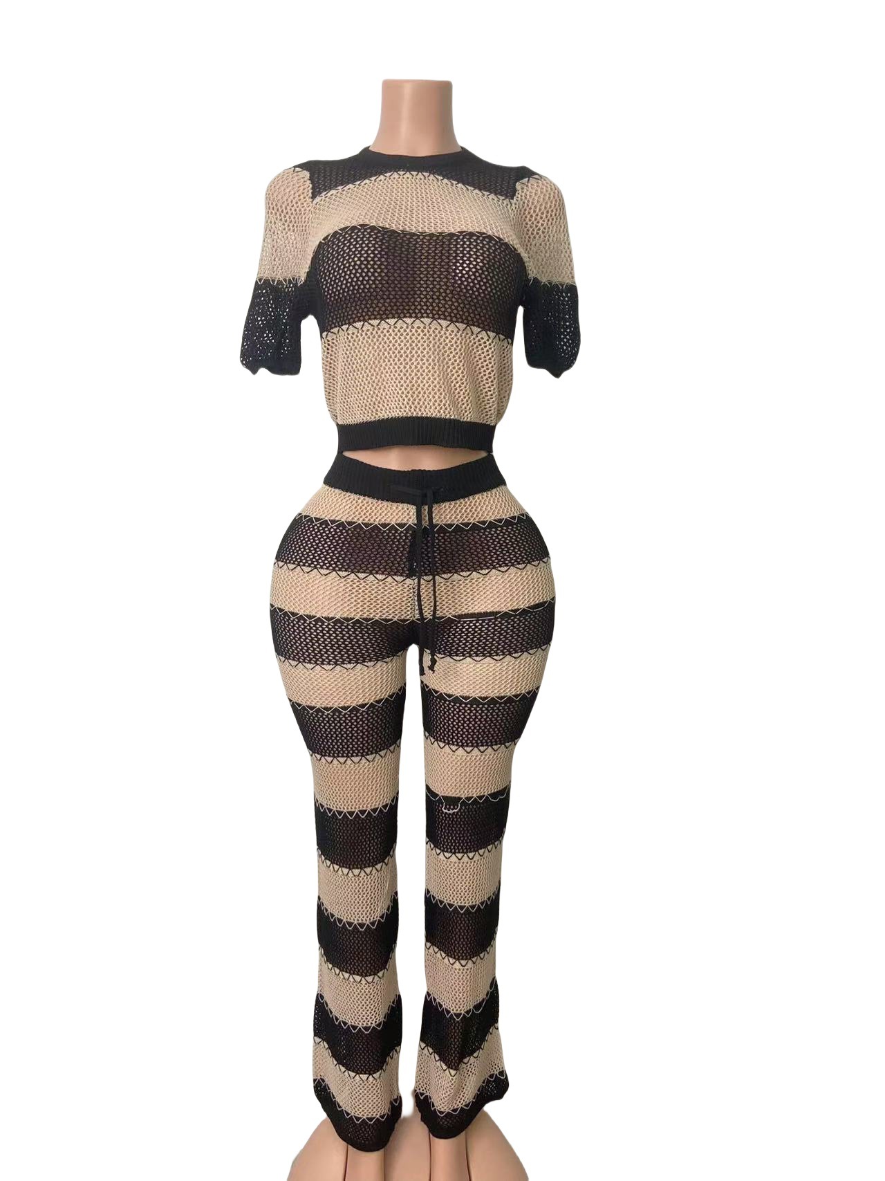 Women's Fashion Knit Cut-Out Short-Sleeve Pants Set Beach Outfit