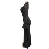 Women sexy long-sleeved beaded dress