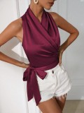 Women satin spring and summer Halter neck Sexy Lace-up Sleeveless Top