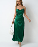 Women Pleated Sleeveless Satin Dress