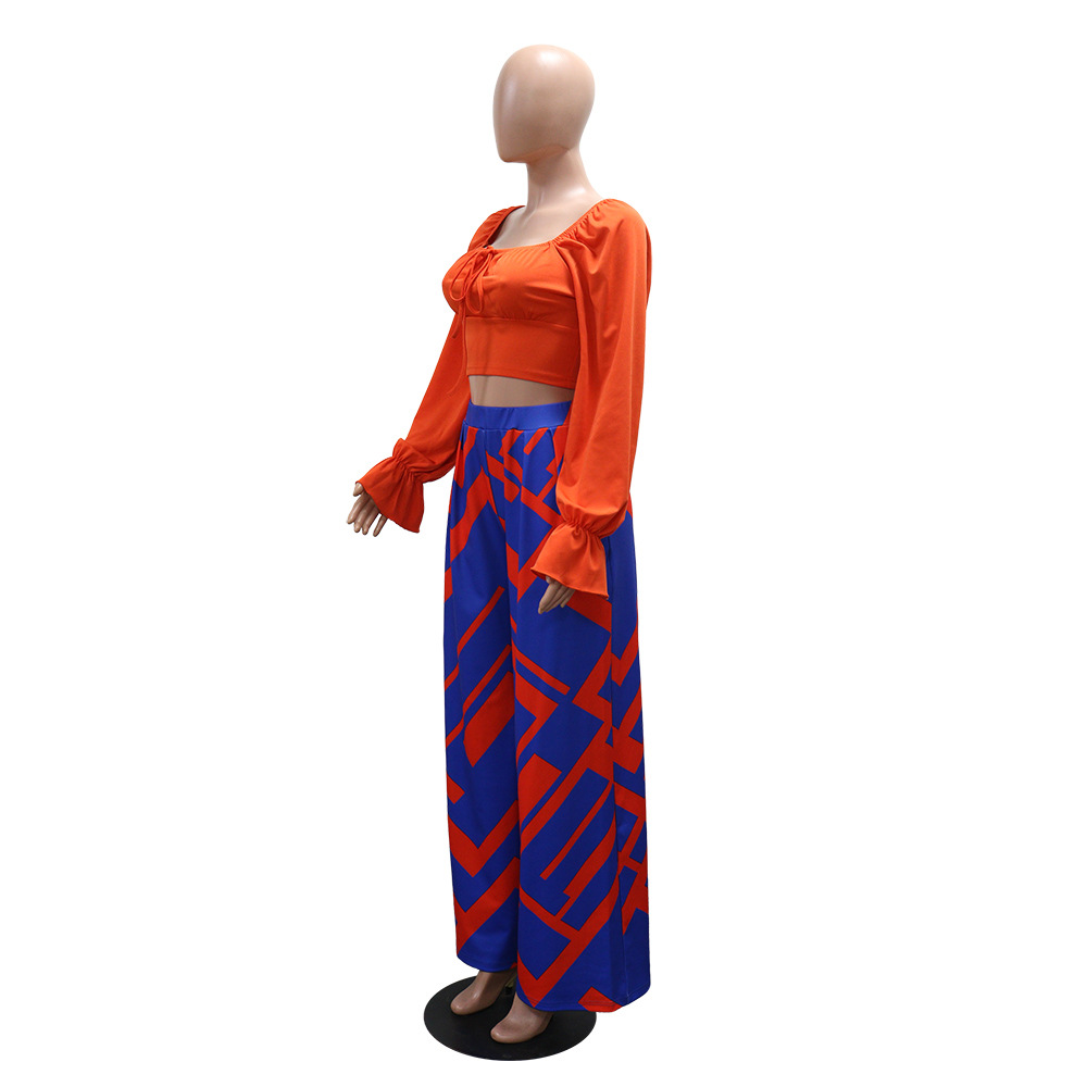 Long Sleeve Top with Loose Printed Wide-Leg Pants Casual & Comfortable Two-Piece Set