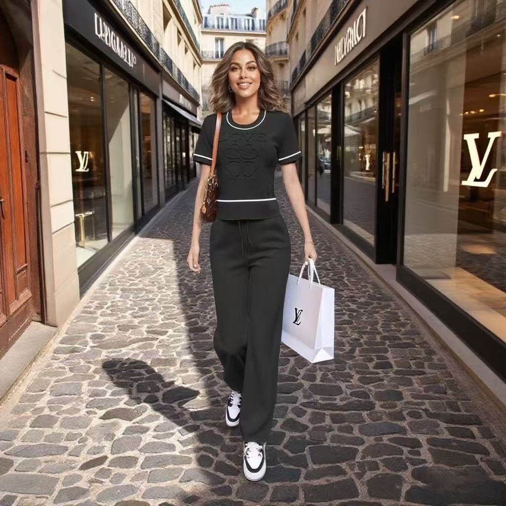 Spring/Summer Casual Knit Set Letter & Heart Print Short-Sleeve Top + High-Waist Pants