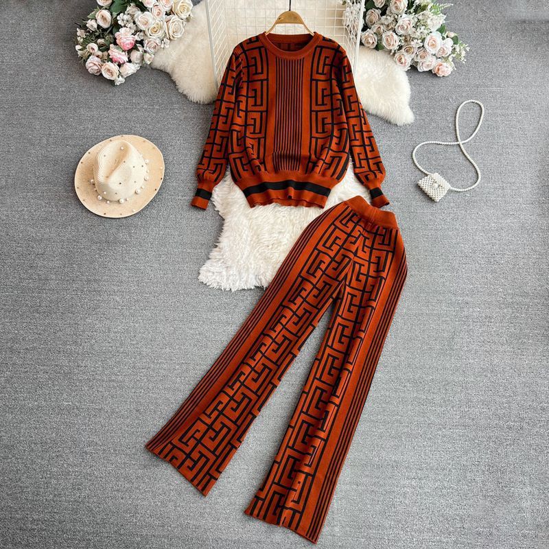 Women Long Sleeve Round Neck Knitting Top And Wide Leg Pants Two-Piece Set