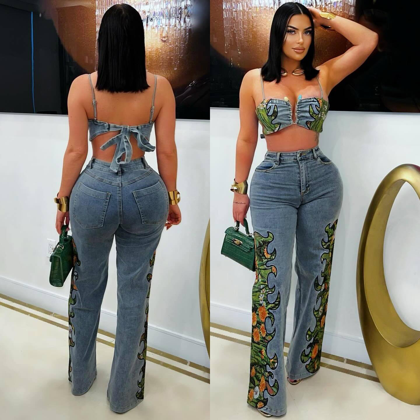 Women Sexy Floral Stretch Wrap Top and Denim Pants Two-Piece Set