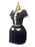 Fashion Turndown Collar Metal Button Cardigan & Pleated Skirt Knit Set