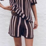 Fashion Striped Turndown Collar Short-Sleeve Top & Shorts Knit Set