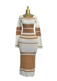 Autumn Multi-Color U-Neck Sexy Cut-Out Long-Sleeve Knit Long Dress