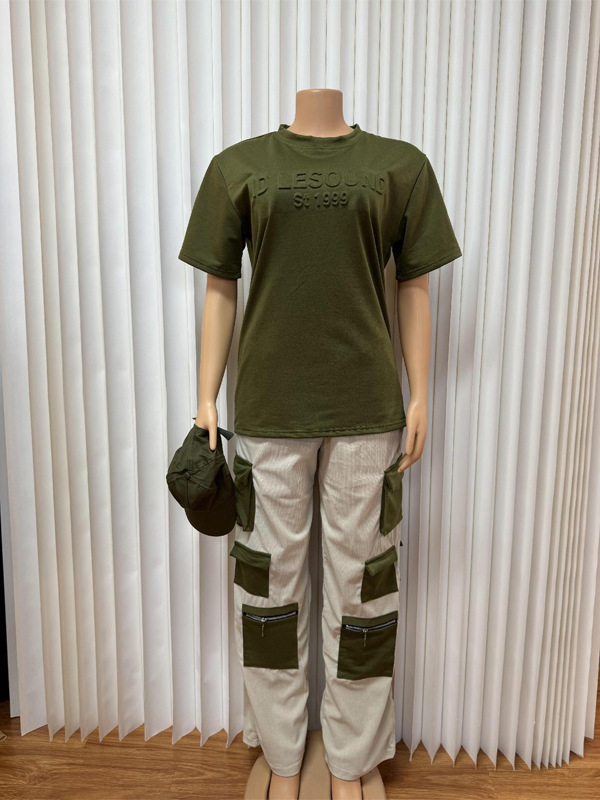 Multi-Pocket Trendy Cargo Pants & Solid Color T-Shirt Casual Set