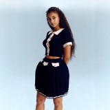 Fashion Turndown Collar Metal Button Cardigan & Pleated Skirt Knit Set