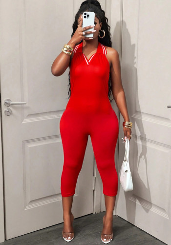 Women Summer Sexy Sleeveless Solid Backless Halter Neck Romper