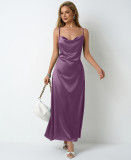 Women Pleated Sleeveless Satin Dress