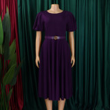 Women's Summer Trendy Puff-Sleeve Elegant High-Waist Solid Round Neck A-line African Dress