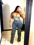 Women Sexy Floral Stretch Wrap Top and Denim Pants Two-Piece Set