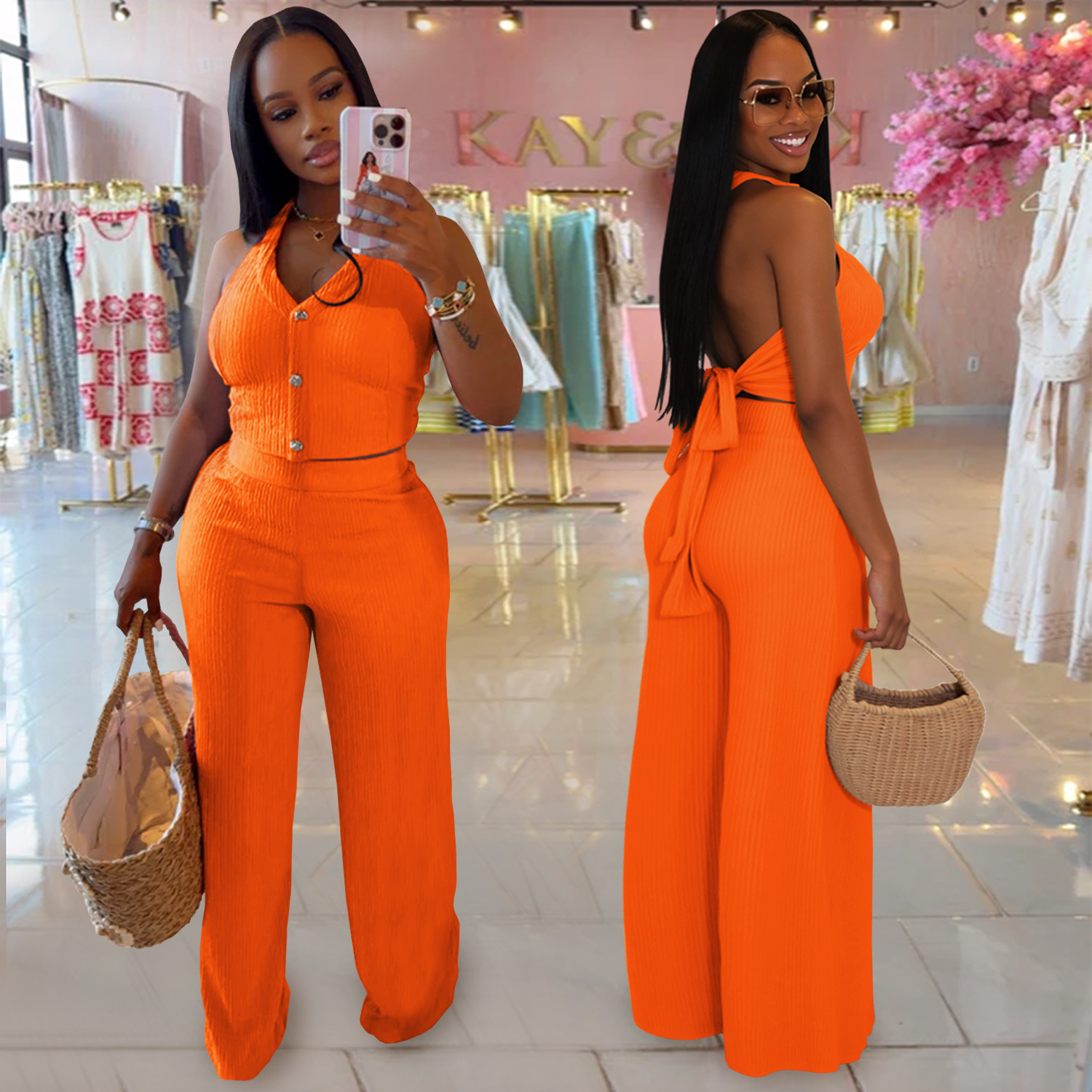 Fashion Women's Casual Halter Neck Lace-Up Top & Pants Two-Piece Set