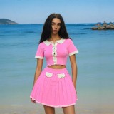 Fashion Turndown Collar Metal Button Cardigan & Pleated Skirt Knit Set