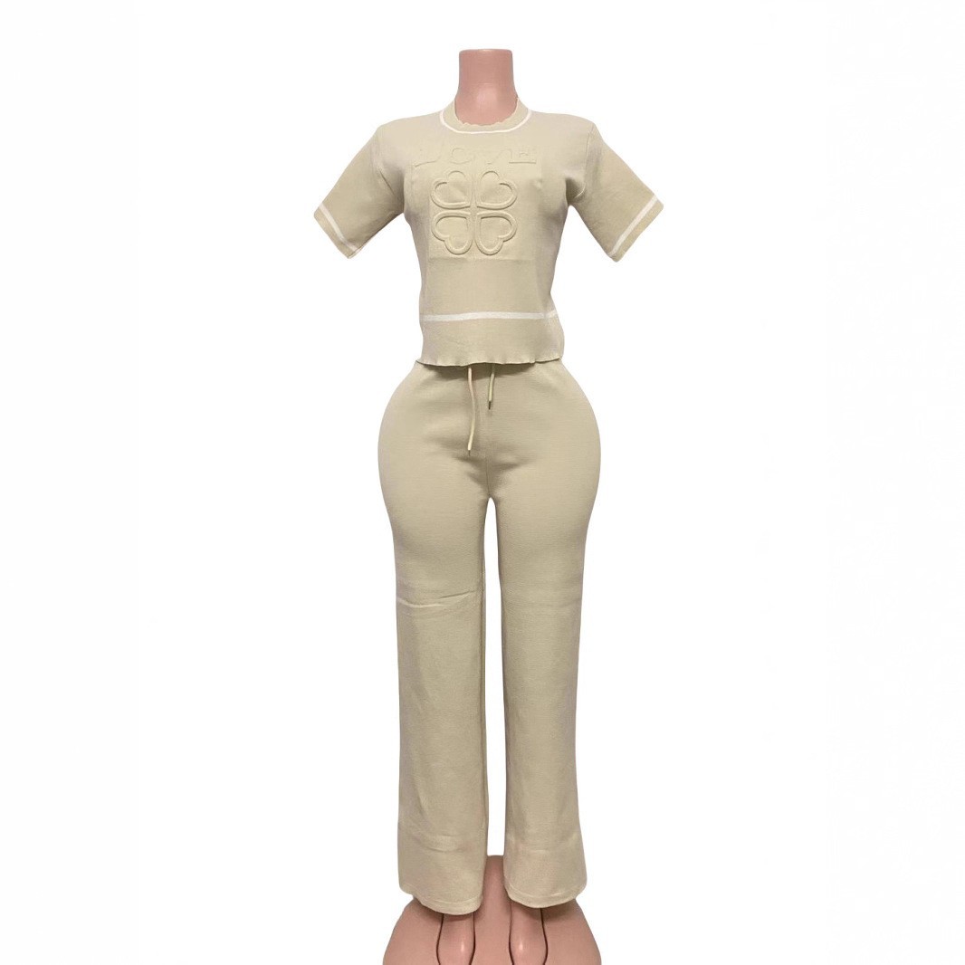 Spring/Summer Casual Knit Set Letter & Heart Print Short-Sleeve Top + High-Waist Pants