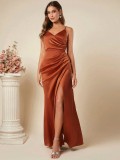Women's Spring Summer Strap Satin Dress Sexy Pleated Bridesmaid Dress