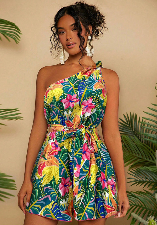 Women Summer One-shoulder Print Jumpsuit