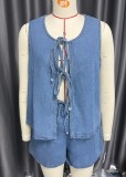 Women summer sleeveless lace top and denim shorts two-piece suit