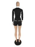 Women Summer Contrast Color Patchwork Long Sleeve Top and Shorts Sports Two-piece Set