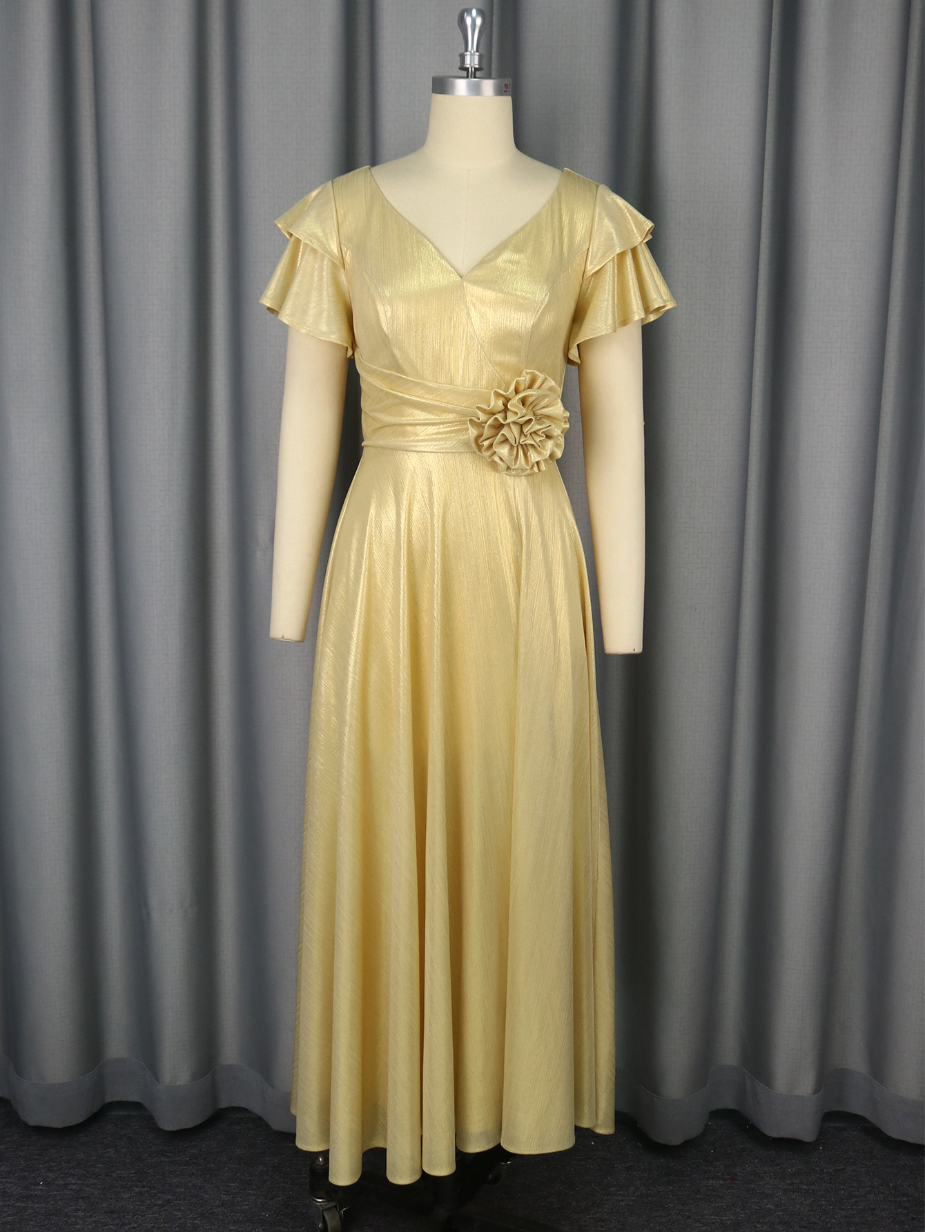 Sexy V-Neck Ruffle-Sleeve Party Dress Chic High-Waist Gold Evening Gown