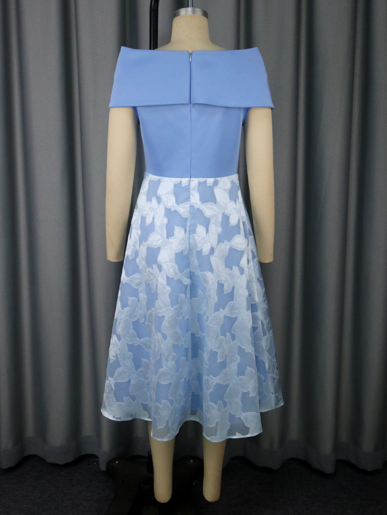 Elegant Bow Off-Shoulder Patchwork Blue Chiffon High-Waist Party Dress