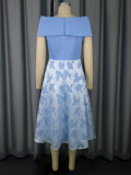 Elegant Bow Off-Shoulder Patchwork Blue Chiffon High-Waist Party Dress