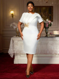 Embroidered Short-Sleeve Plus Size High-Waist Formal Party Dress