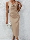 Women Spring and Summer Pleated Sexy Satin Maxi Dress