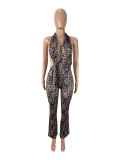 Women's Sexy Leopard Print Low-Back Mesh Halter Neck Jumpsuit