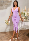 Women's Sexy V-Neck Strap Dress Chic Ruffle Hem Bodycon Formal Party Gown