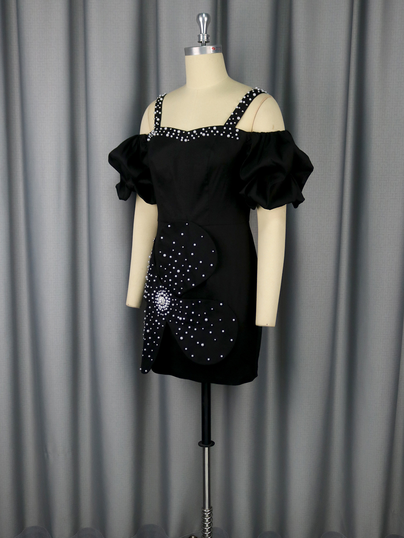 Sexy Off Shoulder Puff-Sleeve Beaded Black Party Mini Dress