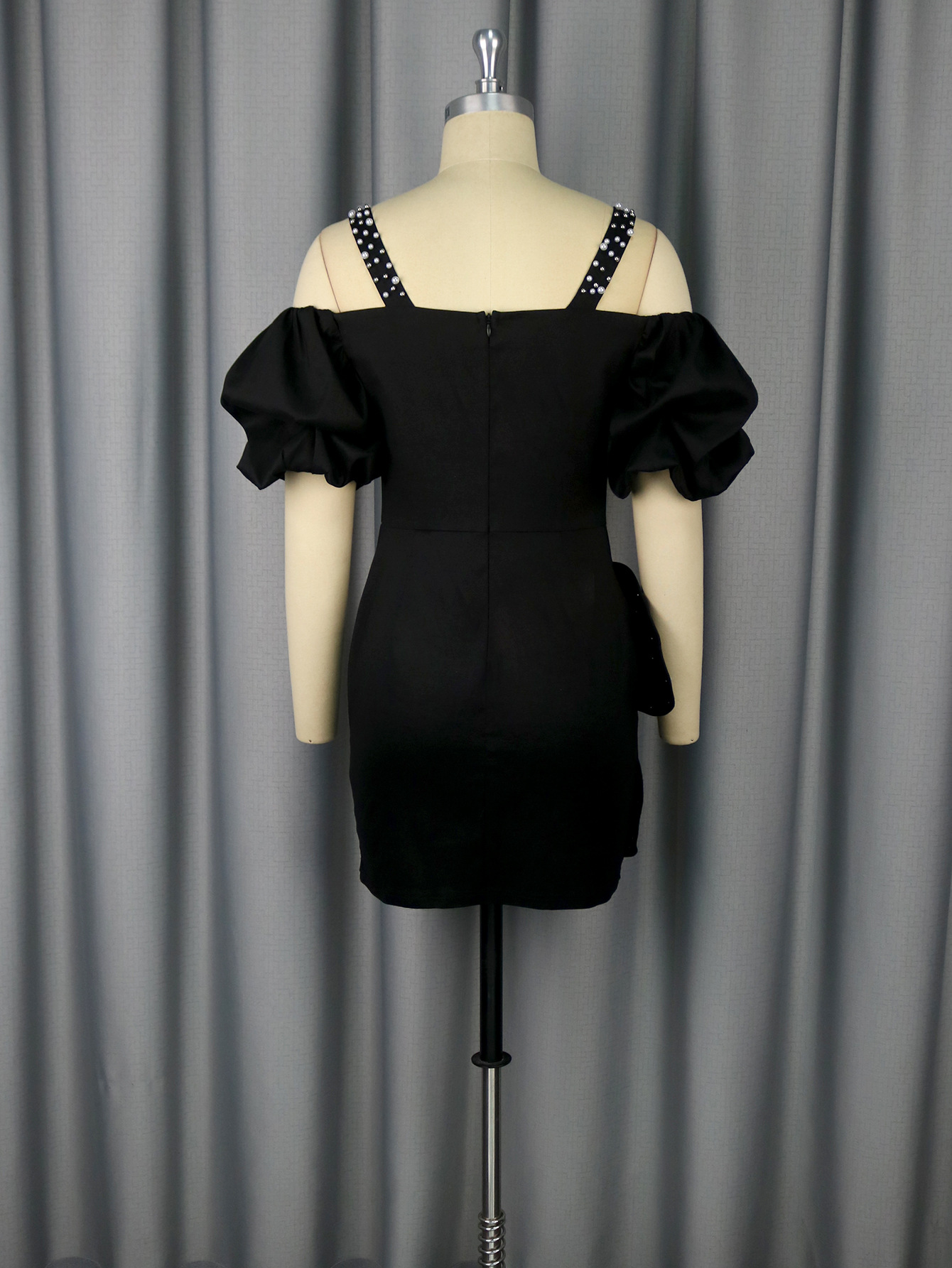 Sexy Off Shoulder Puff-Sleeve Beaded Black Party Mini Dress